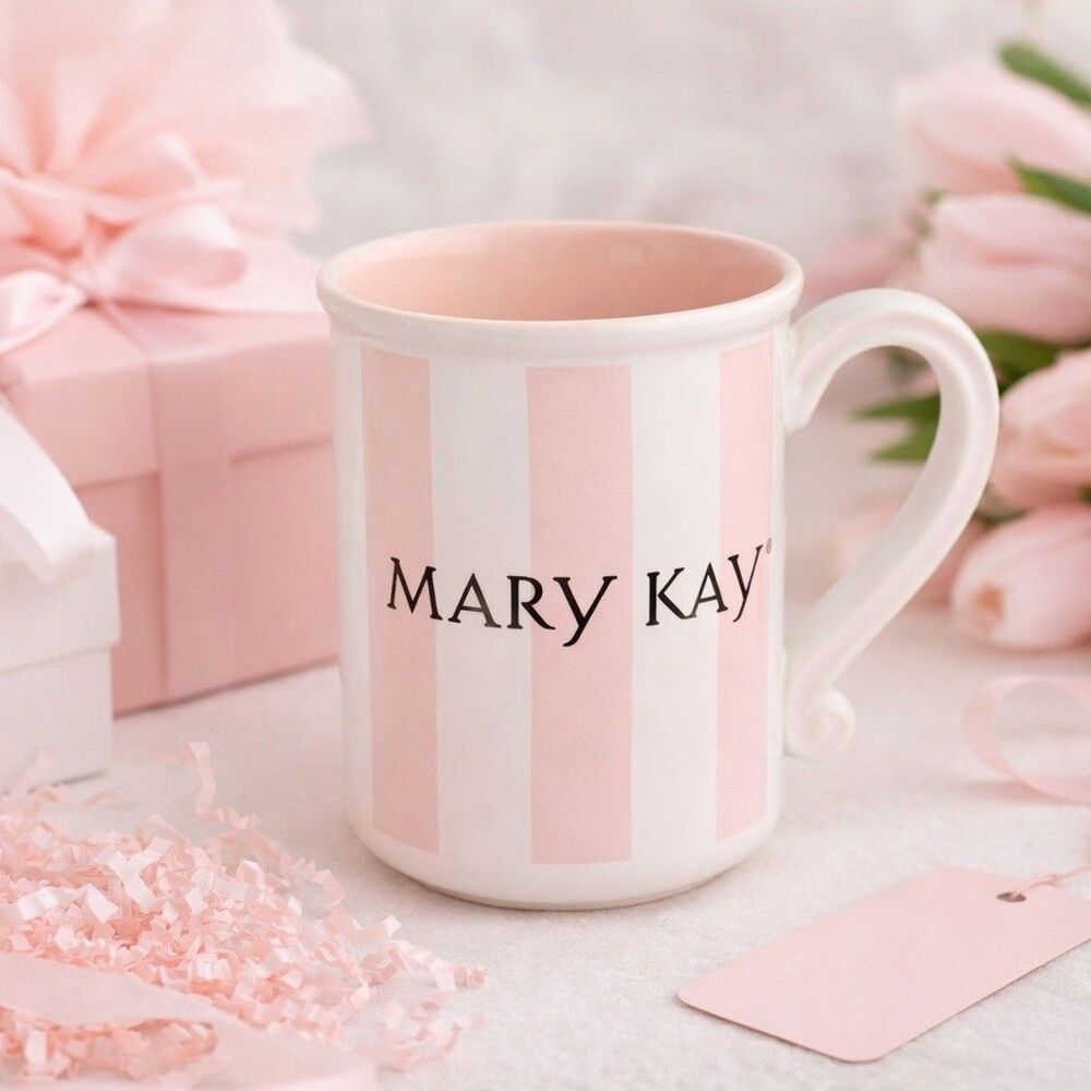 Mary Kay Pink Stripe Coffee Mug Gold Logo 8oz Ceramic Cup Thailand